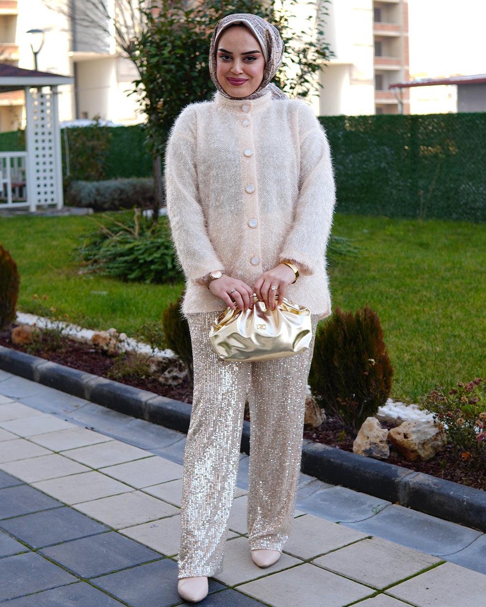 Krem Renk Payetli Pantolon - Ela Butik