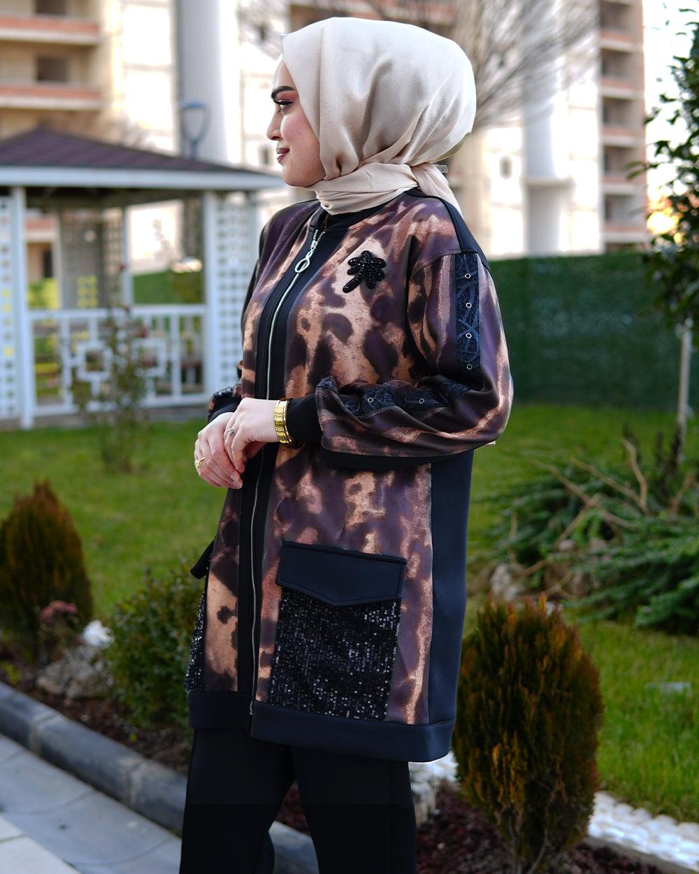 Kahverengi Desenli Ceket Pantolon Takım - Ela Butik