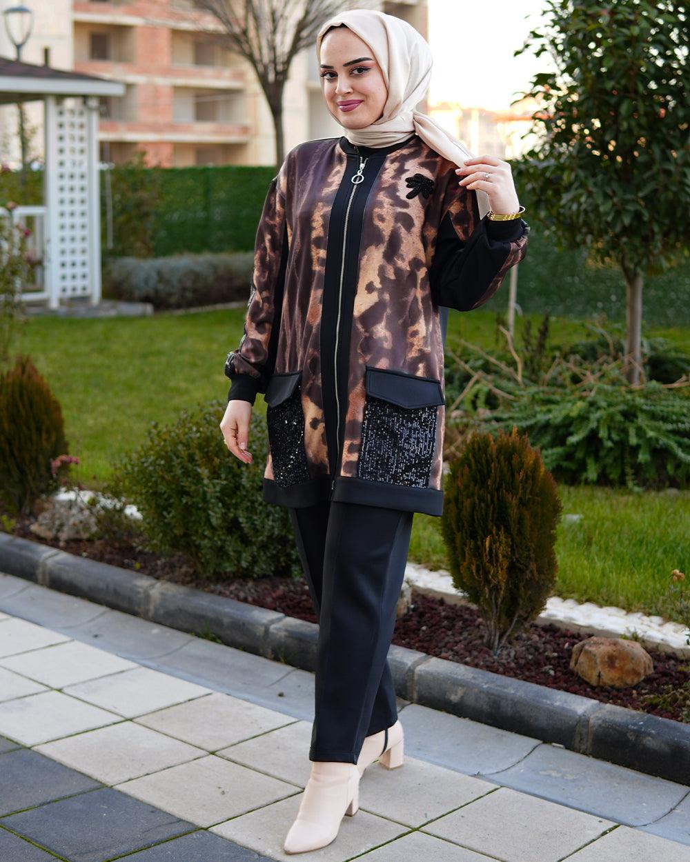 Kahverengi Desenli Ceket Pantolon Takım - Ela Butik